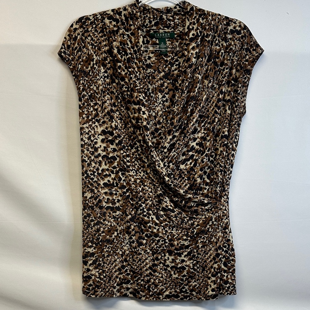 Lauren Ralph Lauren Faux Wrap Cheetah Print V-neck Sleeveless Blouse M